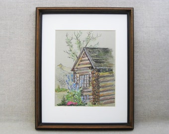 Rustic Log Cabin Landscape Drawing, Original Vintage Rural Architectural Framed Wall Art Cabin and Farm Home Décor