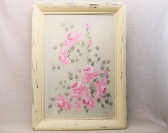 Vintage Pink Flower Painting Floral Still Life Framed Original Fine Art, Signed Seese