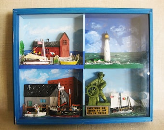 Vintage Nautical Folk Art Sculpture Assemblage Diorama Shadow Box Beach House and Coastal Décor