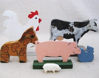 Vintage Wooden Farm Animals Folk Art Sculptures Rustic Primitive and Nursery Décor