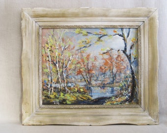 Vintage Landscape Painting Fall Woodlands Framed Original Wall Art Rustic Cabin Décor