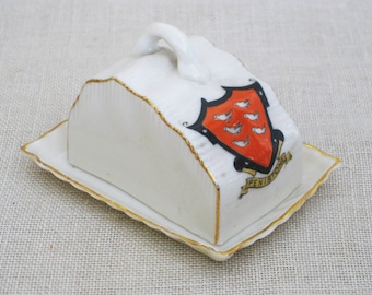 Vintage Miniature Butter Dish Carlton China English Souvenir Penistone England Coat of Arms Crest