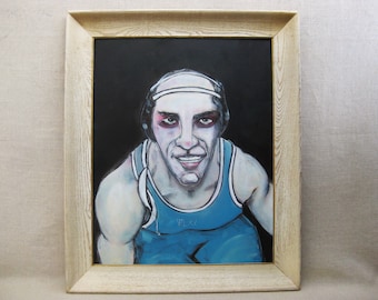 Male Wrestler Portrait Painting Original Fine Art Framed in Vintage Wooden Frame of Athlete Sports Wall Décor