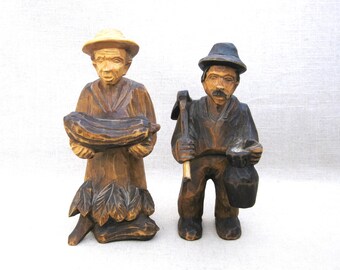 Folk Art Male Figure Sculpture Carvings, Rustic Vintage Wood Portrait Statue Cabin Home Décor
