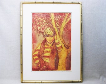 Framed Male Child Portrait Etching, Hand Colored Original, Marien Carlsen Fine Wall Art Nursery Décor