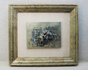 Brutalist Metal Sculpture Wall Art, Original Mid-Century Home Décor Framed, Vintage Modern Art Riuka Eliav