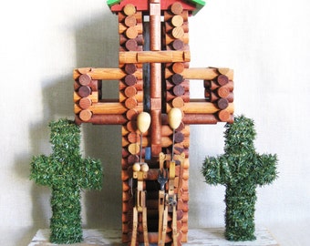 Religious Folk Art Sculpture Standing Cross American Gothic, Found Objects Assemblage
