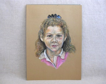 Youthful Female Child Portrait Drawing, Original Mid-Century Vintage Wall Art Home Décor