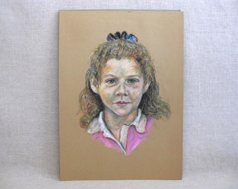 Mid-Century Vintage Female Portrait Drawing Original Fine Art Wall Décor Child Portrait