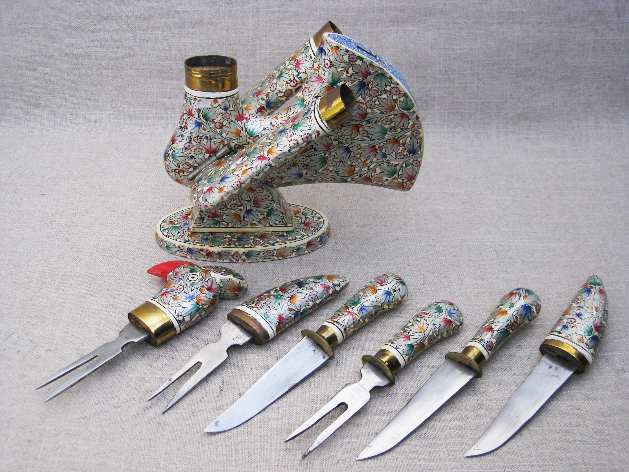 Vintage Horderves Lacquer Hors d'oeuvres Bird Knife and Fork Serving