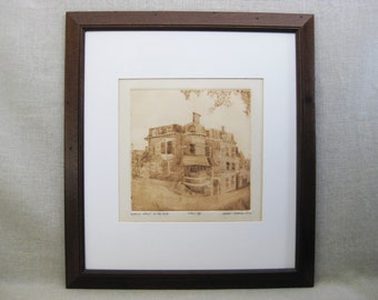 Architectural House Portrait Engraving, Framed Original Landscape, Benefit Street Providence RI, Vintage Wall Art