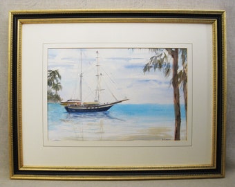 Vintage Landscape Sail Boat Painting Watercolor Seaside Nautical Framed Original Fine Art Beach House Décor