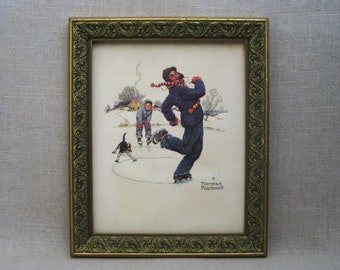 Vintage Norman Rockwell Male Portrait Print Ice Skating Framed Wall Décor, Rustic Cabin Décor