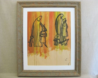 Vintage Male Female Portrait Painting Family, Abstract Framed Mid-Century Original Fine Art