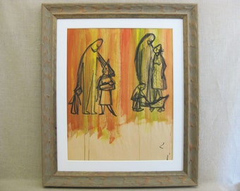 Mid-Century Abstract Male Portrait Painting Family, Original Framed Vintage Wall Art
