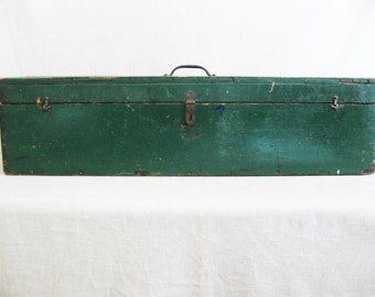 Large Primitive Tool Box, Wooden Storage Organization, Green Folk Art Rustic Cabin Man Cave Home Décor
