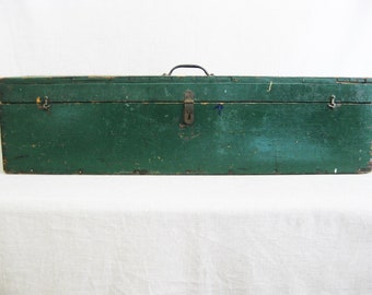 Vintage Tool Box Large Wooden Storage Box Green Folk Art Rustic Cabin Organization Décor