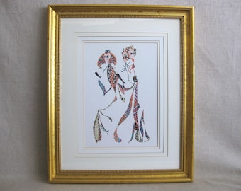 Vintage Fashion Illustration, Framed Color Ink Drawing, Costume Design