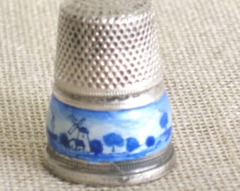 Vintage Sterling Silver Thimble, Enameled Landscape w Hand Painted Windmill European Design