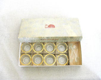 Vintage Gold Trim Salt Cellars - Set of 8 with Glass Spoons
