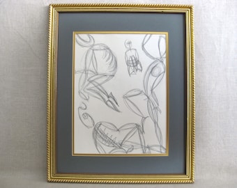 Modern Abstract Portrait Figure Drawing, Original Mid-Century Framed Wall Art Contemporary Home Décor