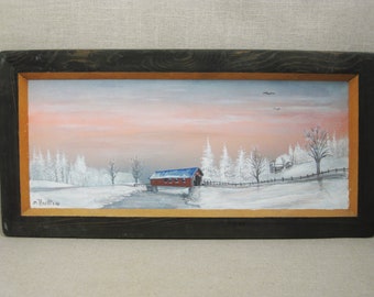 Vintage Landscape Painting Winter Rural New England Covered Bridge Scene Framed Original Fine Art Mark C Horth