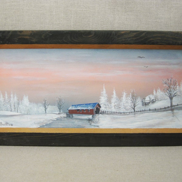 Vintage Landscape Painting Winter Rural New England Covered Bridge Scene Framed Original Fine Art Mark C Horth