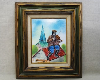 Copper Enamel Male Portrait Framed Fiddler Wall Art, Musical Theme Original Home Décor