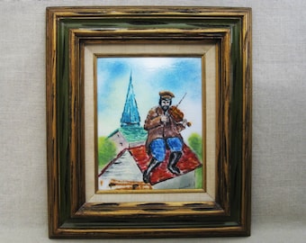 Vintage Male Portrait Copper Enamel Framed Fiddler, Musical Theme Original Fine Art