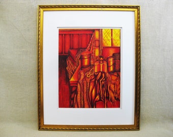 Surreal Still Life Drawing, Original Framed Vintage Colored Pencil Wall Art Home Décor