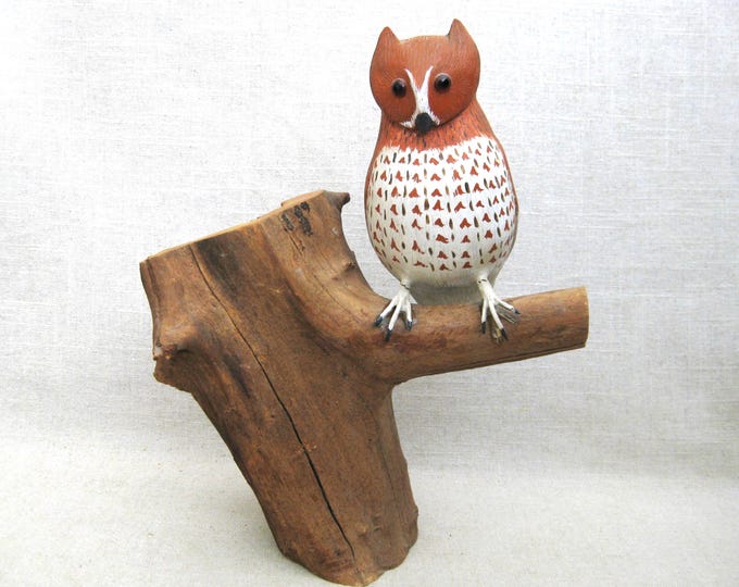 Featured listing image: Vintage Folk Art Owl Carving Sculpture, Wildlife Art Signed Hinck