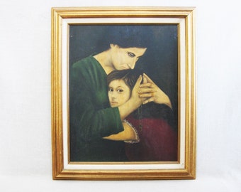 Folk Art Vintage Female Portrait Painting of Mother and Child by African American Rev. Joel D Hewlett Framed Original Fine Art