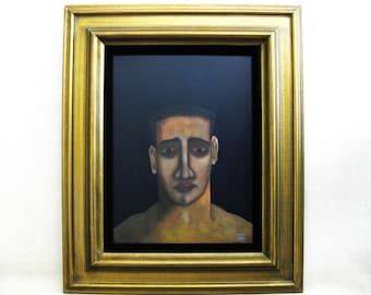 Contemporary Moody Male Portrait Painting, Original Framed Masculine Dark Men Wall Art Home Décor Gift