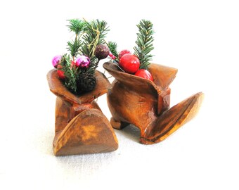 Vintage Folk Art Tree Ornament, Christmas Miniature Holiday Wooden Boot Sculpture, Primitive Rustic Décor
