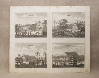 Antique Engraving, Churches, Paneteripou, Manipay, Architecture, Voyages and Travels, Churchill, 18th Century