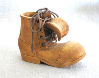 Folk Art Boot Carving, Miniature Shoe Wood Sculpture, Vintage Gift for Dad