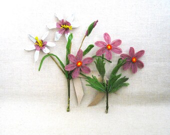 Beaded Glass Flowers with Green Leaves, Pink and White Vase and Arts and Crafts Supplies Hostess Gift Sister