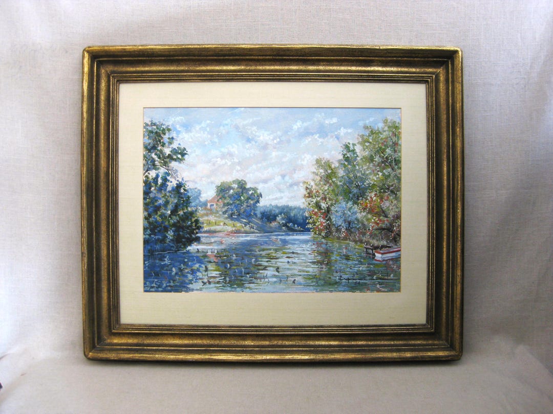 Vintage Lakeside Landscape Watercolor Painting, Framed Original ...