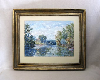 Vintage Lakeside Landscape Watercolor Painting, Framed Original Colorful Art
