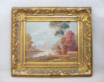 Vintage Fall Landscape Painting, Framed Original Fine Art, Antique Oil, Fall Woodlands Rustic Cabin Décor