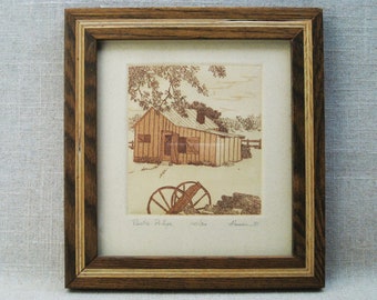 Rural Landscape Engraving, Rustic Barn Scene, Signed Fine Art Print, Vintage Cabin Home Décor