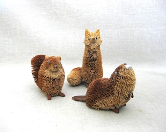Vintage Bristle Animal Figurines, Fox Squirrel Beaver Woodland Creatures, Mid-Century Modern Design