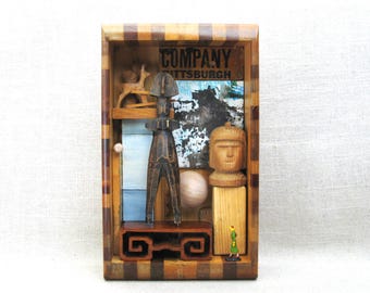 Shadow Box Assemblage Wall Sculpture, Found Object Table Top Art in Antique Box with Vintage Components