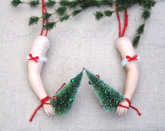 Folk Art Doll Arm Ornament Holiday Décor for Twins and Partners Odd and Unusual Mantle and Wreath Décor