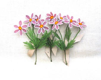 Glass Bead Flowers Pink and White with Green Leaves, Vase and Arts and Crafts Supplies Hostess Gift Sister