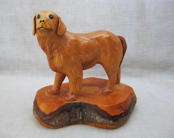 Vintage Dog Wood Carving Folk Art Animals, Signed Krueger, Golden Retriever