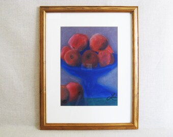 Vintage Apple Fruit Still Life Pastel Drawing Framed Original Fine Wall Art