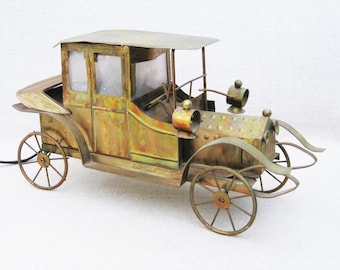 Mid-Century Brutalist Car Lamp Sculpture, Brass Automobile Illuminated Vintage Man Cave Décor