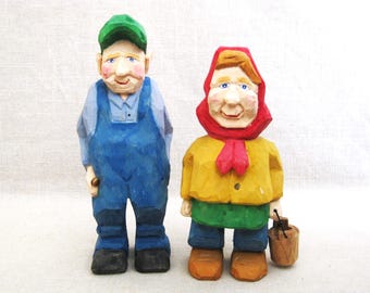 Colorful Folk Art Male Figure Carving Sculpture, Vintage Portrait Wood Female Rustic Cabin