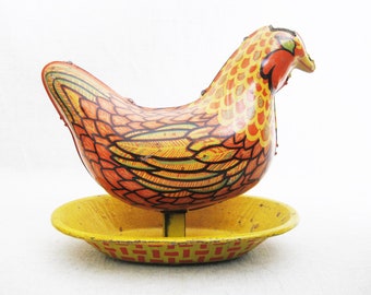 Vintage Chicken Tin Toy by Wyandotte Litho Tin Antique Egg Layer for Rustic Cabin and Farm Decor